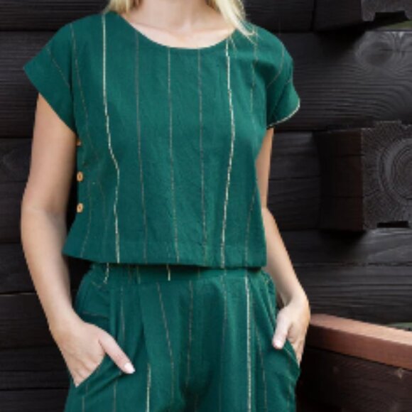 LIZ ALIG Handwoven Cotton Crop top & pants Set in Dark Green - Picture 2 of 10